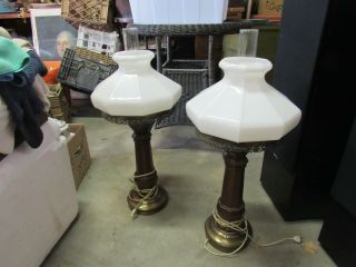 Vintage Wood Table Lamp Pair With Milk Glass Shades.