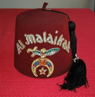 Vintage Bejeweled Masonic Shriners Al Malaikah Fez Hat With Tassel