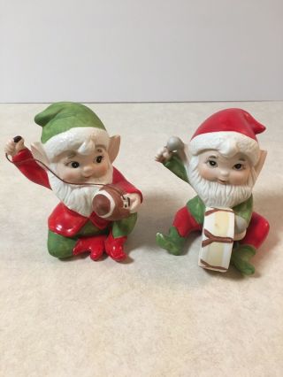 Set Of 2 Vintage Homco Christmas Elves Gnomes Ceramic Figurines 5618