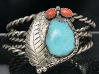 Vtg Old Pawn Navajo Sterling Silver Turquoise Coral Heavy Cuff Bracelet 44g