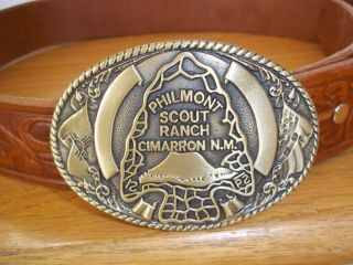 Philmont Scout Ranch Arrowhead Belt Buckle & size 34 leather Boy Scouts America 2