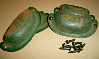 4 Antique Vintage File Cabinet,  Bin Pull Cup Handles Utility Pulls,  Green