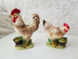 Matching Set Of Vintage Rooster And Hen Figurines With Basquet Chicken