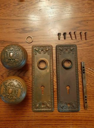 Antique Ornate Brass Door Knob Set Back Plates Vintage