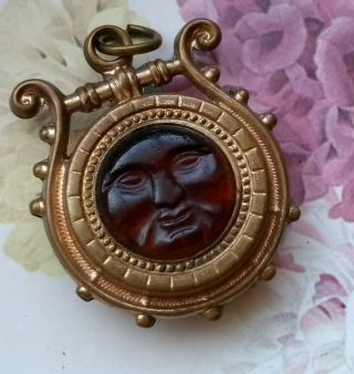 Antique Victorian Glass And Gold Tone Metal Man In The Moon Fob/pendant