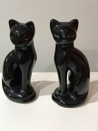 Vintage Pair Mcm/artmark Black Siamese Cat Green Eyes Ceramic Figures Halloween