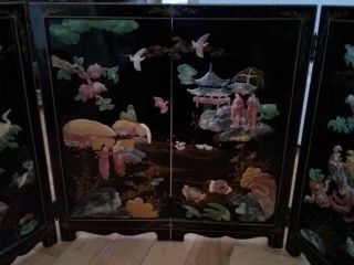 Vintage Chinese Black Lacquer Table Top Screen With Carved Stone 18 " X 31