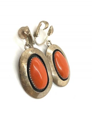 Vintage Navajo Signed Mary Ellen Sterling Silver Clip Earrings W/ Coral Cabochon