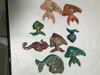 Set Of 8 Fish/seahorse Resin Plastic Colorful Wall Decorations Vintage,