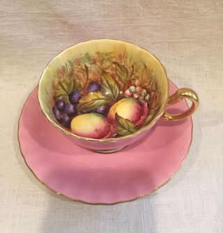 Lovely Vintage Aynsley Orchard Fruit Footed Cup & Saucer Pink Signed D.  Jones