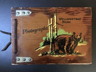 Vintage Yellowstone Park Wood Photo Album Leather Straps Photographs 10” X 7”