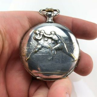 Vintage Swiss C H Meylan Brassus pocket watch with boxers on the back 2
