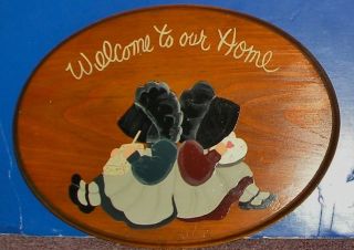 Welcome To Our Home Wood Sign With 2 Bonnet Apron Girls (holly Hobbie Style)