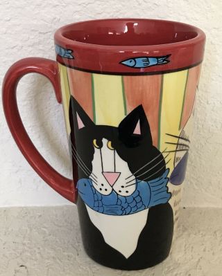 Tall Catzilla Mug With Cats Eating Fish Hand Painted & Microwave Safe