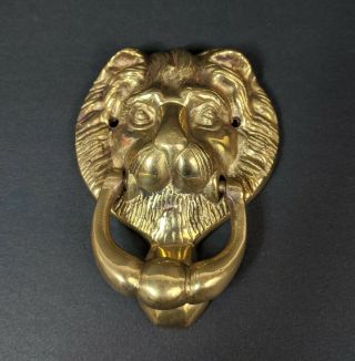 Vintage Small Brass Lion Head Door Knocker With Strike Plate Made In India