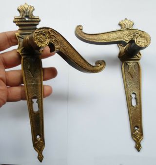 Set Of 2 Vintage Fine Solid Brass Door Lever Handles,  Back Plates