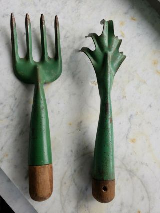 2 Vintage Hand Garden Tools Green Metal And Wood
