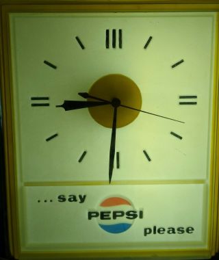 Old Vintage 1960s Say Pepsi Please Soda Clock Shape,  Lights & 2
