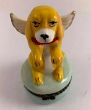 Vintage Porcelain Yellow Puppy W/ Wings On Top Hinged Metal Trinket Box