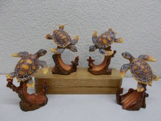 Pdx - 27 Set Of 4 Sea Turtle Figurine Wood Look Resin Decoration Statue