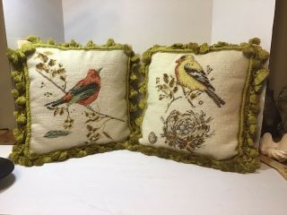 2 Vintage Wool Needlepoint Bird Fringed Tassle Throw Pillows French Country
