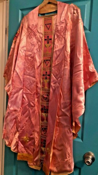 GORGEOUS VINTAGE CATHOLIC PRIESTS PINK ROSE & GOLD BROCADE CHASUBLE & STOLE 2