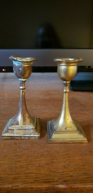 Vintage Brass Candlesticks Holders One Solid Piece 4 1/4 " Tall (2)