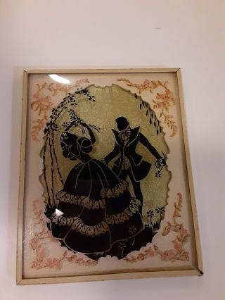 Vintage Reverse Painted Glass Silhouette Picture Couple Picking Flowers