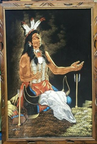 Vintage Mid Century Velvet Painting Native American Giant Size 27½ " X 39 "