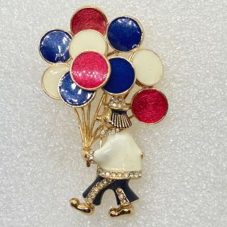 Signed Ciner Vintage Circus Clown With Balloons Brooch Pin Rhinestone Enamel