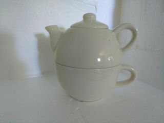 Pier 1 Imports Teapot Tea For One 3 Pc Set W Lid And Cup Stack - Able 10 Oz Ea.  5