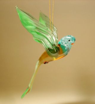 Blown Glass Figurine Bird Hanging Green And Blue Parrot Parakeet Budgie Ornament