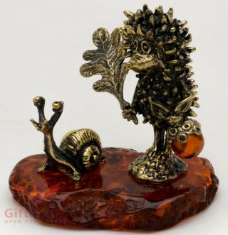 Brass Amber Figurine Of Hedgehog In The Fog With A Snail Ironwork