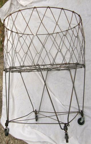 Vintage Allied Collapsible Wire Laundry Cart Basket W/wheels Industrial Folding