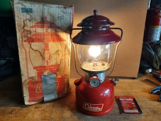 Vintage 4/71 Coleman 200a Red Single Mantle White Gas Camping Lantern W/ Box