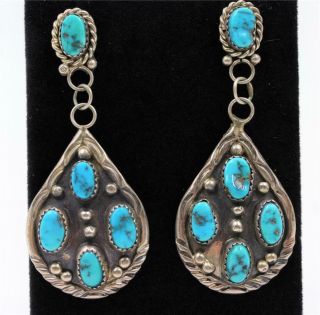 Vintage Navajo Pat Platero Sterling Silver Turquoise 2.  5 " Inch Long Earrings