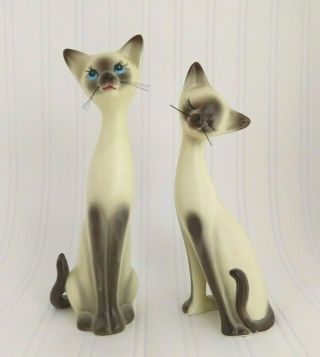 Vintage Ceramic Siamese Cats Blue Eyes Figurines Japan 9 1/2inch And 10 Inch