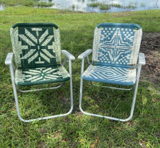 Vintage Mid Century Aluminum Macrame Woven Weave Folding Lawn Patio Chairs Boho