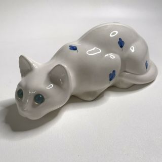 Vintage Elpa Alcobaca Portugal Hand Painted Porcelain Cat Figurine 11” Blue Eyes