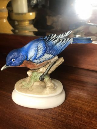 Lefton Vintage Porcelain Blue Bird Sitting On Tree Branch Kw395