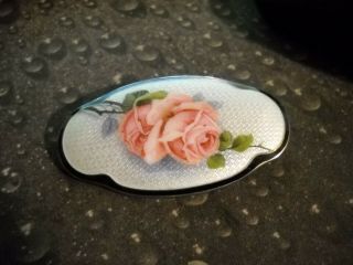 Vintage 925 Sterling Silver Guilloche Enamel Rose Pin C Clasp