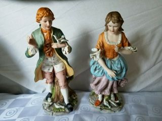 Vintage Capodimonte Boy and Girl with Birds Hand Painted Figure Figurines 2