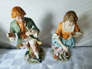 Vintage Capodimonte Boy and Girl with Birds Hand Painted Figure Figurines 3