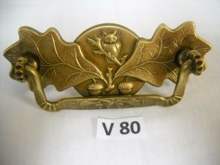 Antique Victorian Brass Figural Pull Owl And Oak Leaf