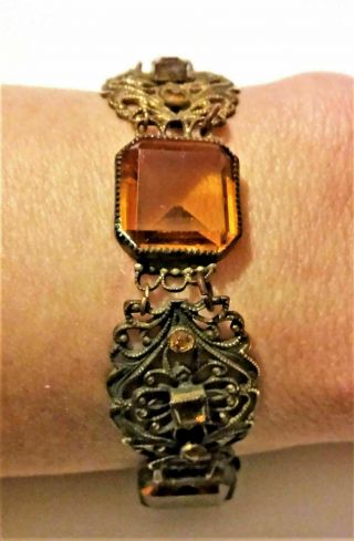 Antique Victorian Amber Crystal Glass Vintage Art Deco Nouveau Bracelet Filigree