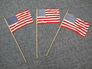 3 Small Vintage 48 Star Us Cotton American Flags On Wood Poles W/ Finials