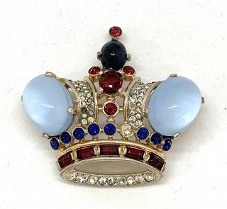 Vintage Trifari Sterling Large Crown Pin Brooch W Faux Moonstones Signed