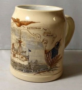 U.  S.  Battleship Remember The Maine Beer Mug Pre - Prohibition Tankard Antique Vtg