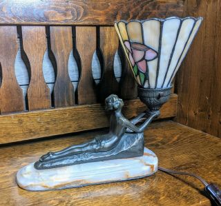 Vintage Art Deco Laying Lady Lamp Figural Bronzed Tiffany Style Lamp Marble Slab