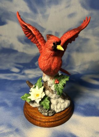 Vintage Porcelain Red Cardinal Bird Figurine Poinsettia Flower W/ Wood Base Guc